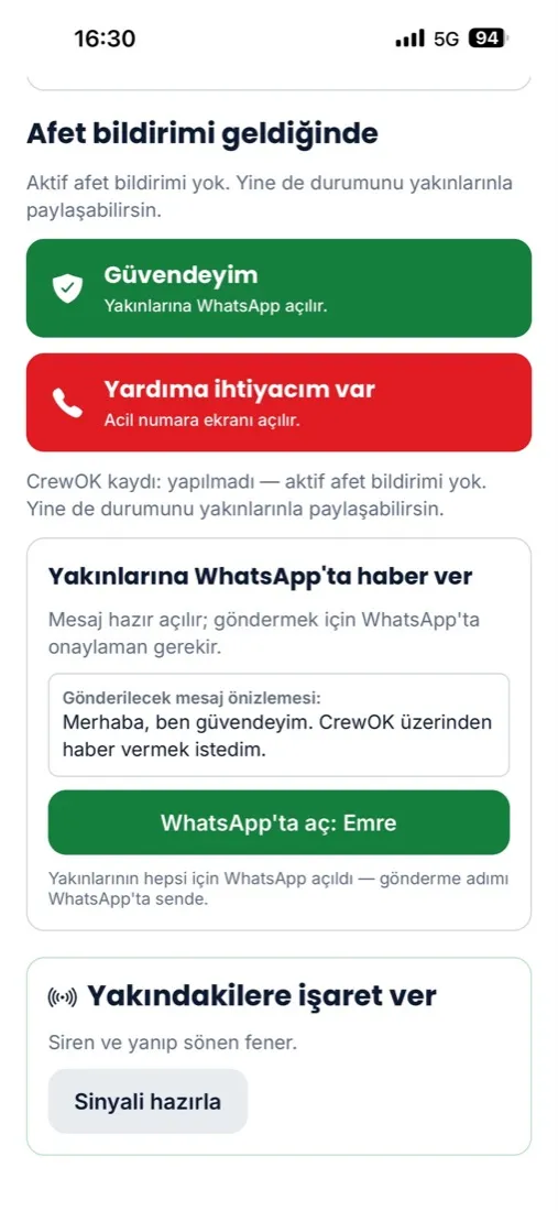 The CrewOK check-in screen with I'm safe and I need help buttons, and a preview of the WhatsApp message that will be prepared.