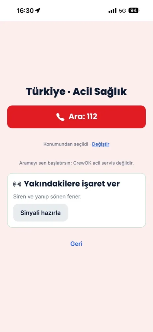 The CrewOK emergency screen showing Türkiye emergency medical and a call 112 button.