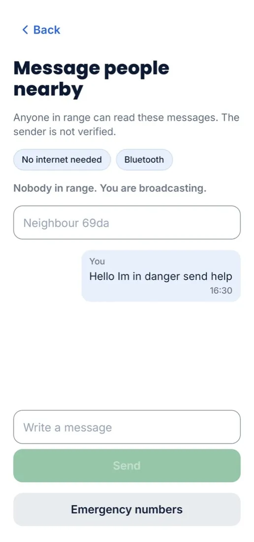 The CrewOK mesh screen: Message people nearby, tagged no internet needed and Bluetooth, with a broadcast message asking for help.